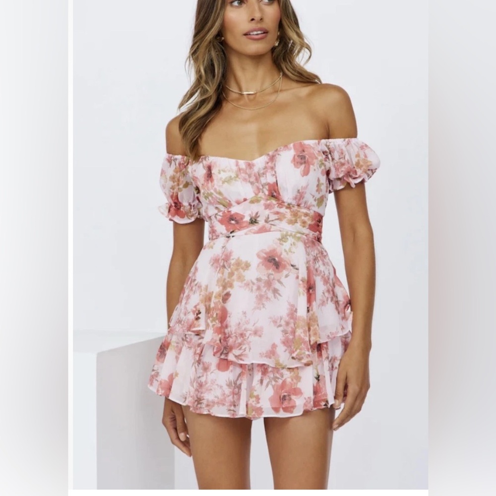 One and Only, Pink Floral Off-Shoulder Ruffle Romper, Size L | 0902 - Picture 1 of 9
